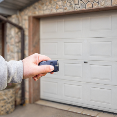 Mansfield security key fob pointing to a garage door